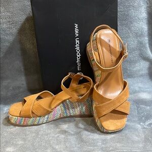 Tan Suede Wedge Sandals with Ankle Strap